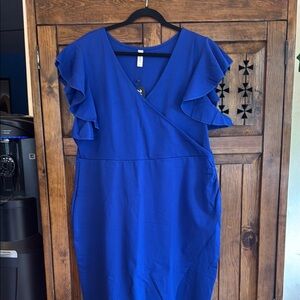 Plus size Royal Blue Midi Dress with Ruffle Sleeves